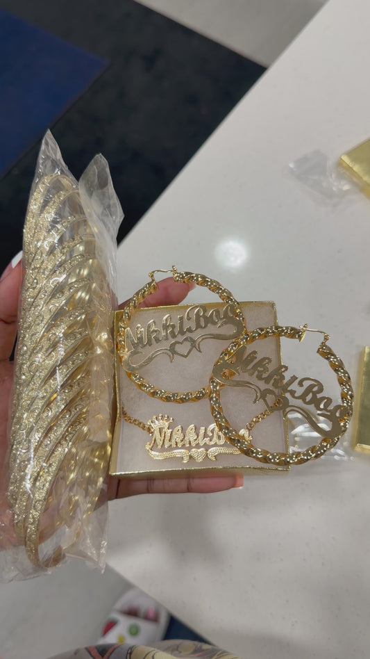 Name Necklace W Hoops and 4pc Bangle Set
